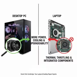 An infographic from Smart Click comparing a laptop and a desktop computer, highlighting differences in size, cooling, and performance.