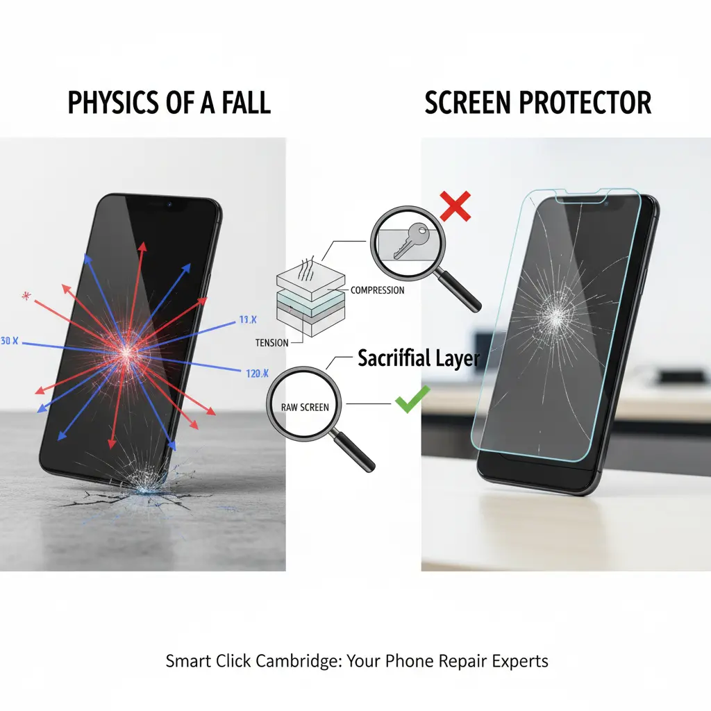 Infographic from Smart Click Cambridge illustrating the physics of a cracked phone screen and the protective function of a screen protector.